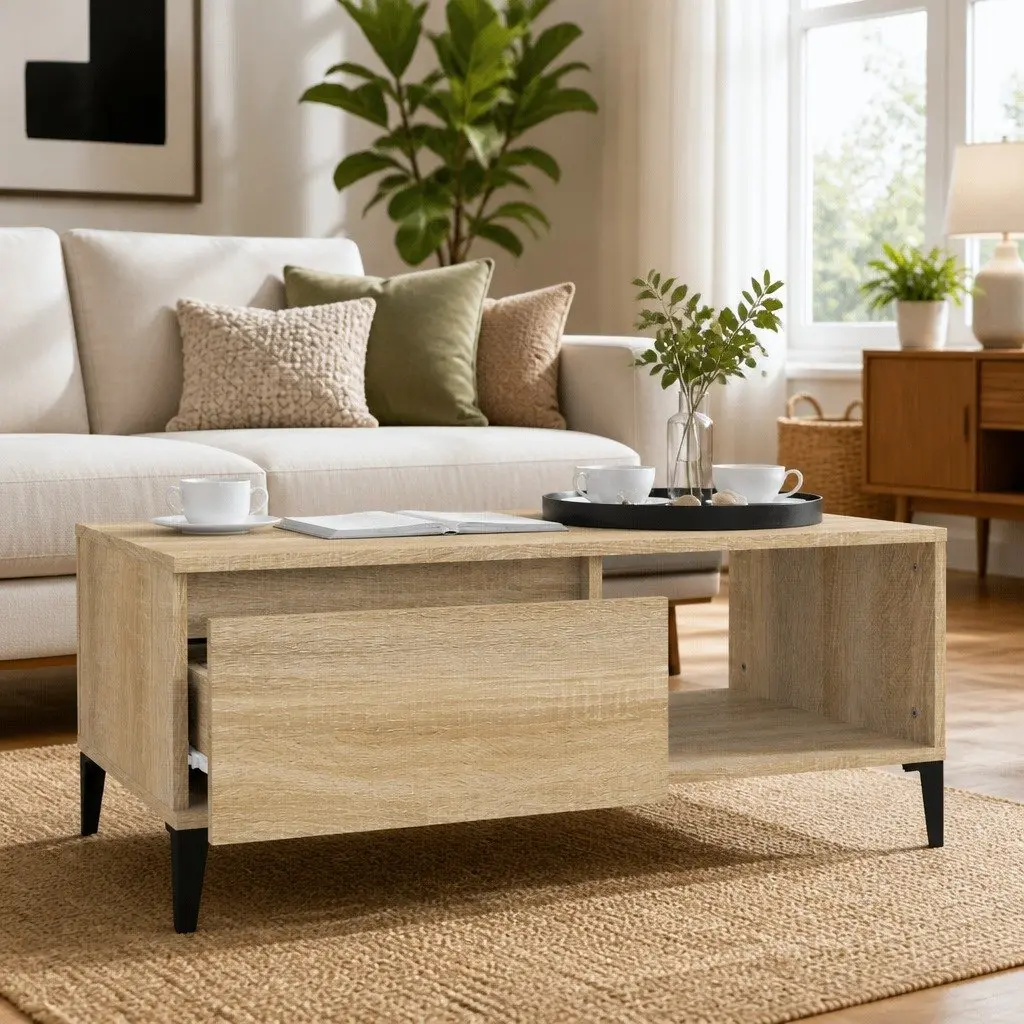 Brown Coffee Table with Storage Drawer and Compartment