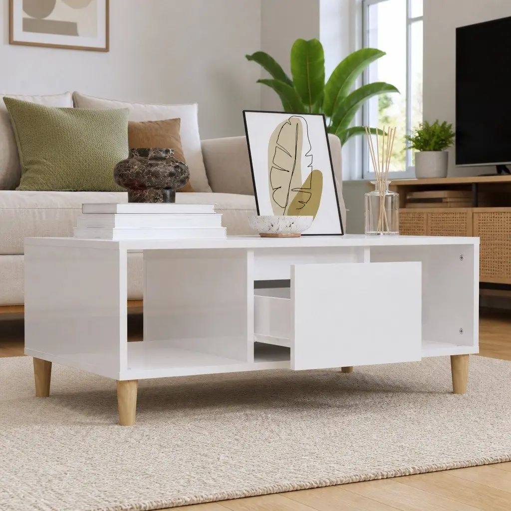 High Gloss White Coffee Table with Storage Compartment