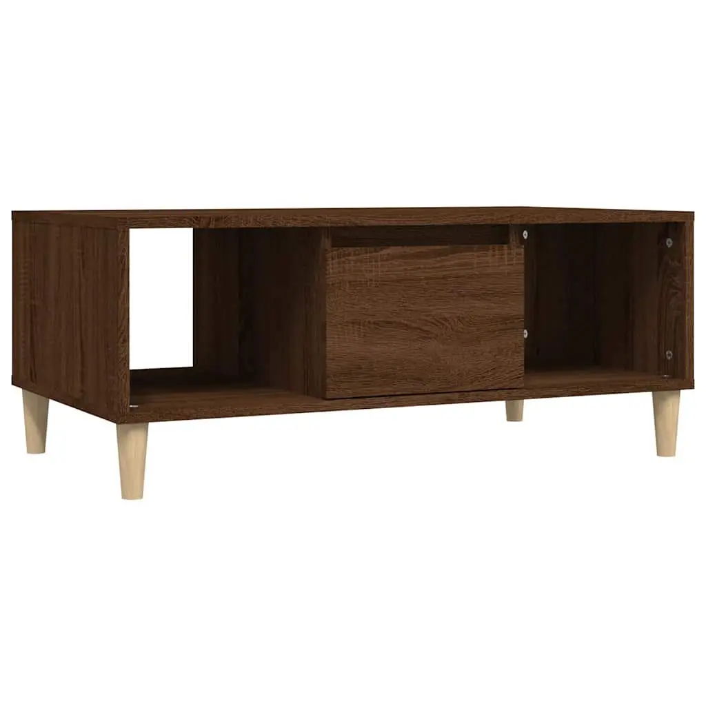 Brown Oak Coffee Table with Open Compartments and Drawer