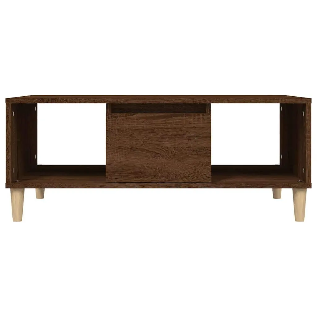 Brown Oak Coffee Table with Open Compartments and Drawer
