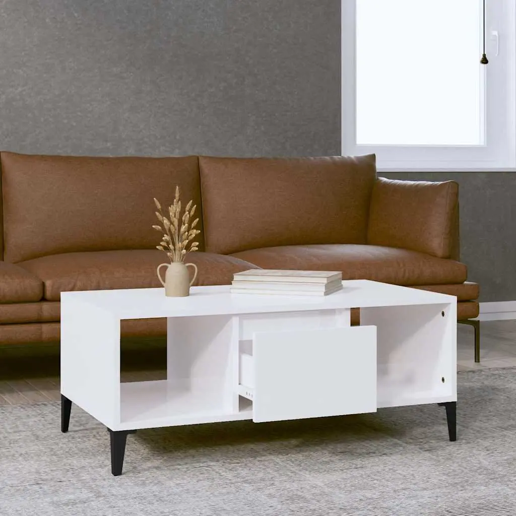 High Gloss White Coffee Table with Storage Drawer and Compartments
