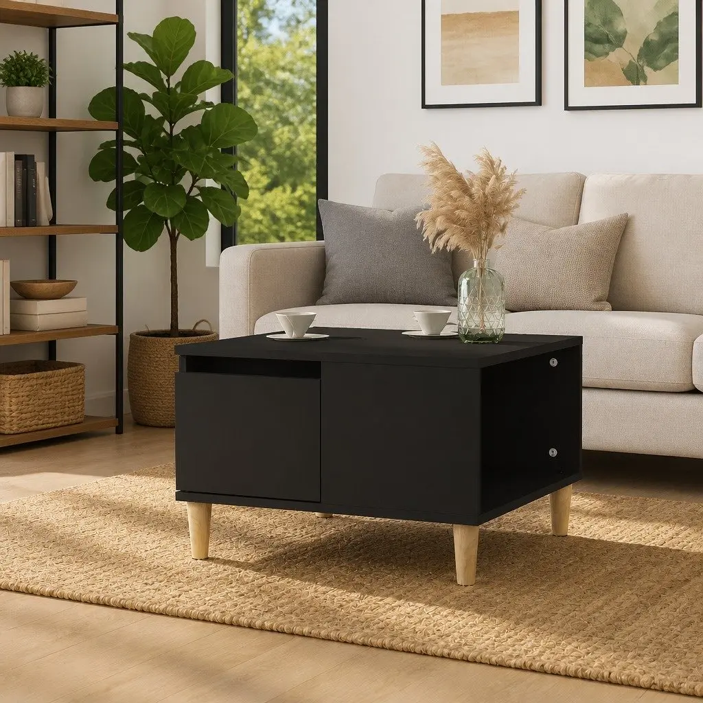 Black Coffee Table with Open Compartment and Drawer