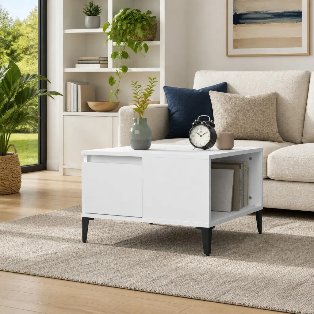 White Coffee Table with Storage Drawer 55x55 cm