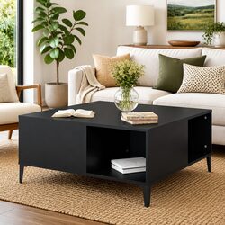Black Coffee Table with Storage Compartments Modern Living Room Accent Furniture