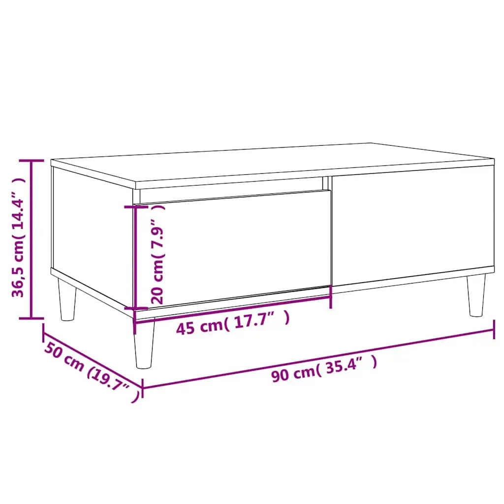 Coffee Table Engineered Wood 90L x 50W x 36.5H cm High Gloss White