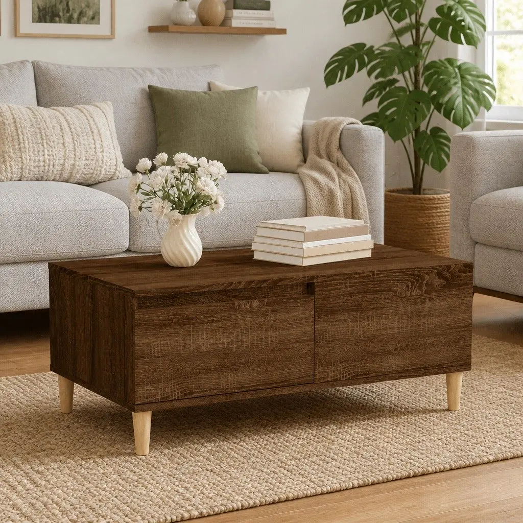 Brown Oak Coffee Table with Storage Drawer