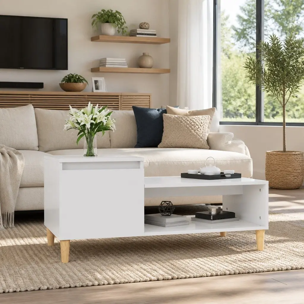 High Gloss White Coffee Table with Storage Compartment