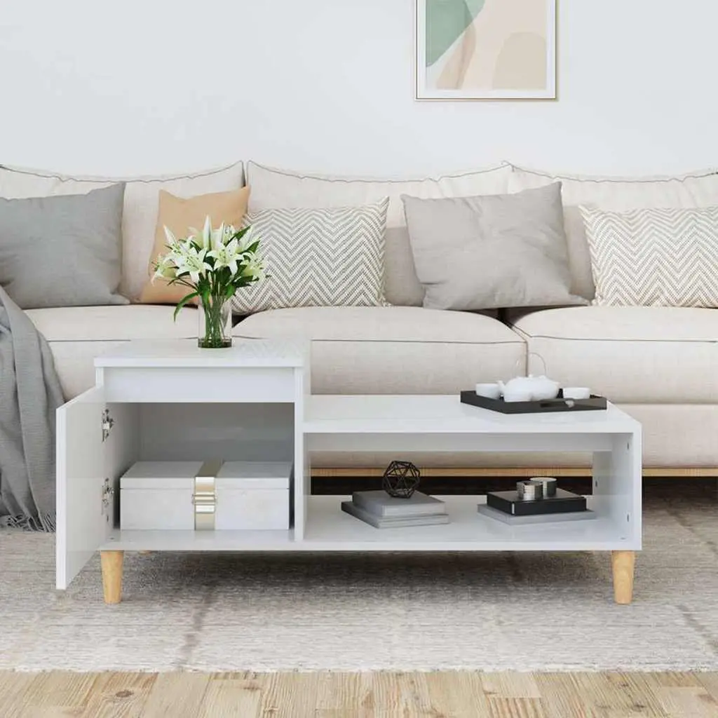High Gloss White Coffee Table with Storage Compartment