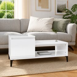 Coffee Table High Gloss White Storage Compartment Shelf Living Room Accent