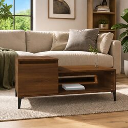 Coffee Table Brown Oak Engineered Wood Storage Compartment Shelf Door