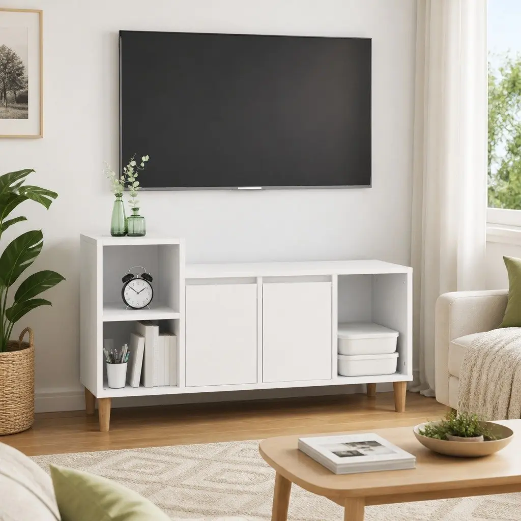 White Engineered Wood TV Cabinet with Storage
