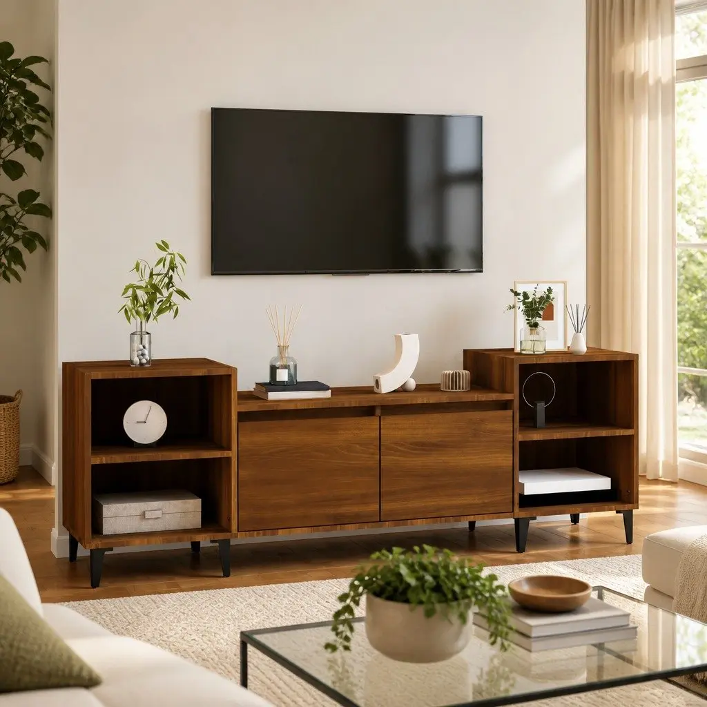 Brown Oak TV Cabinet with 6 Storage Compartments