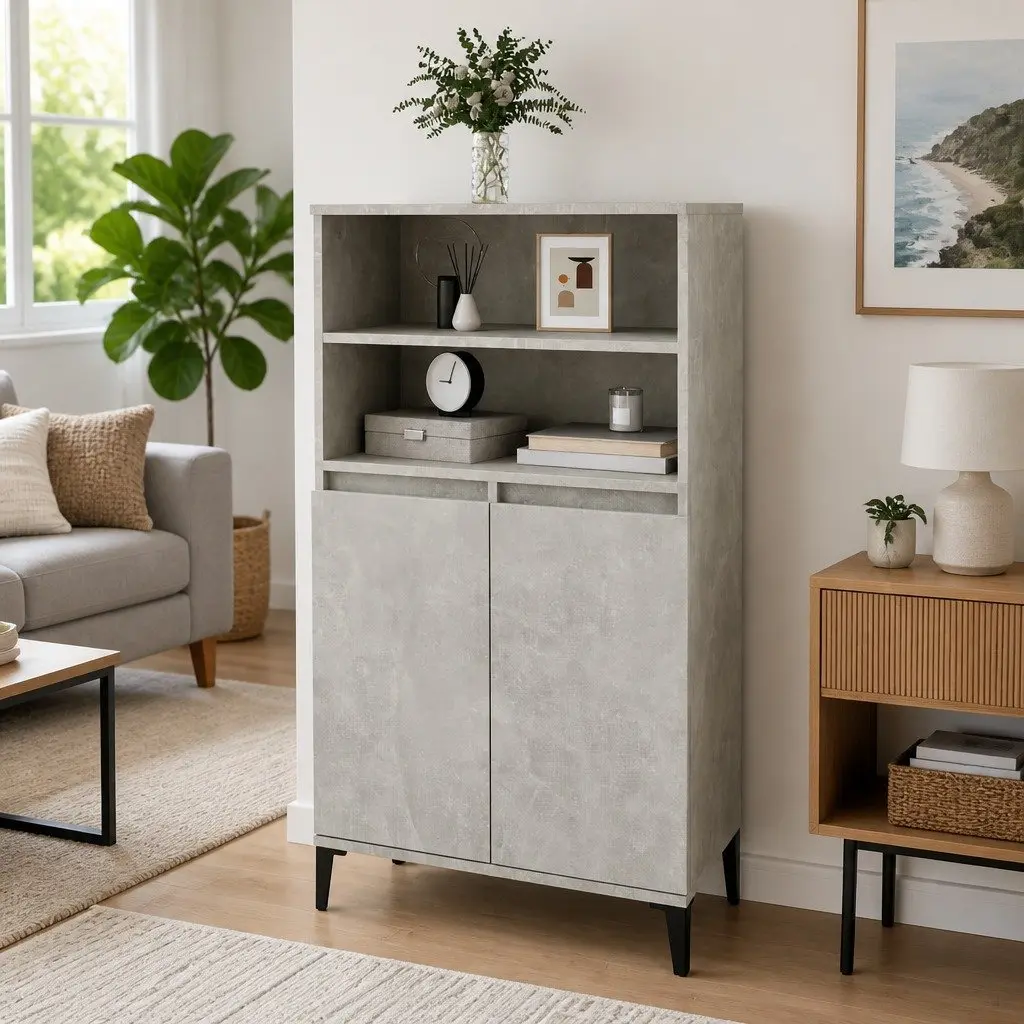 Highboard Storage Cabinet Engineered Wood Grey 60W x 36D x 110H cm with Metal Feet
