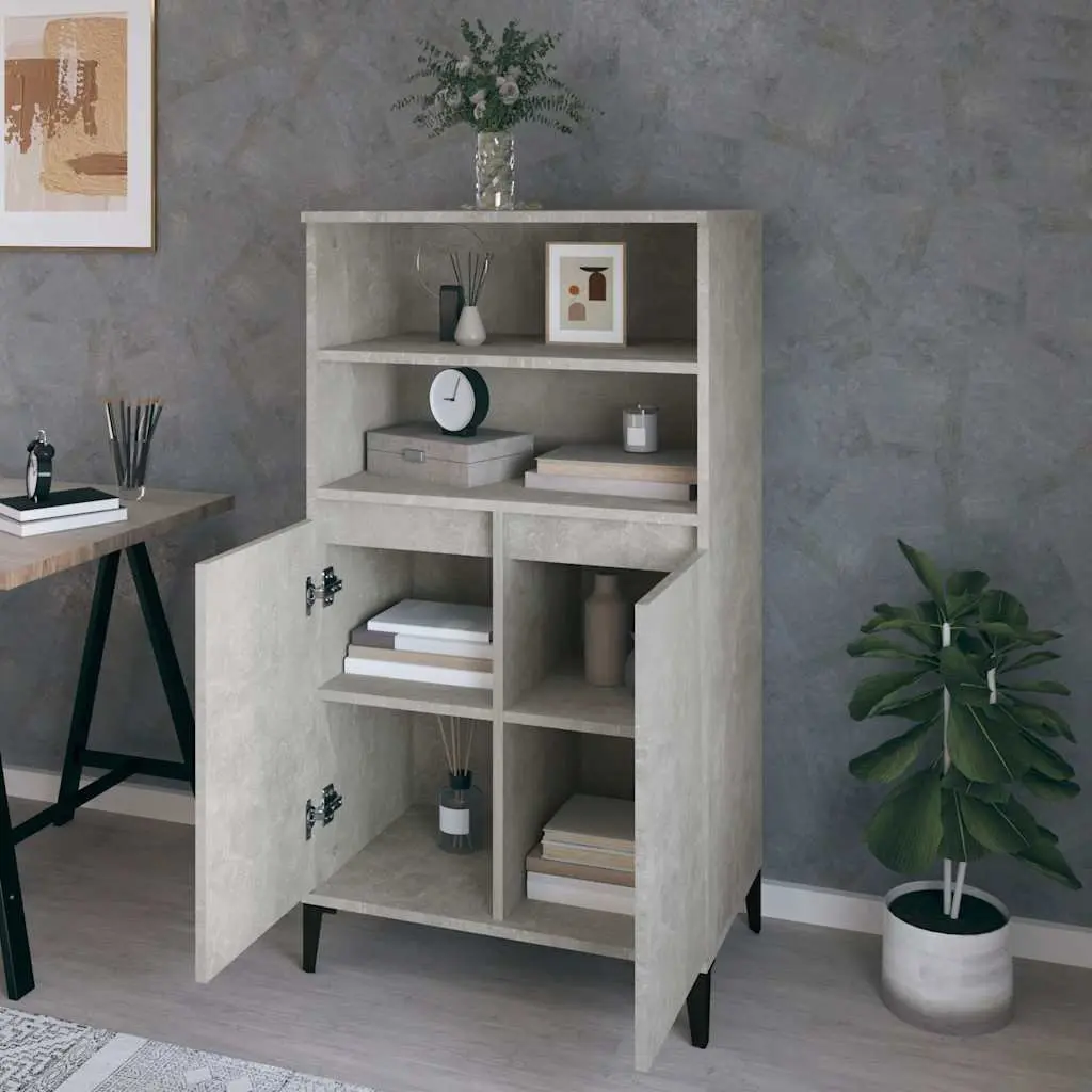 Highboard Storage Cabinet Engineered Wood Grey 60W x 36D x 110H cm with Metal Feet