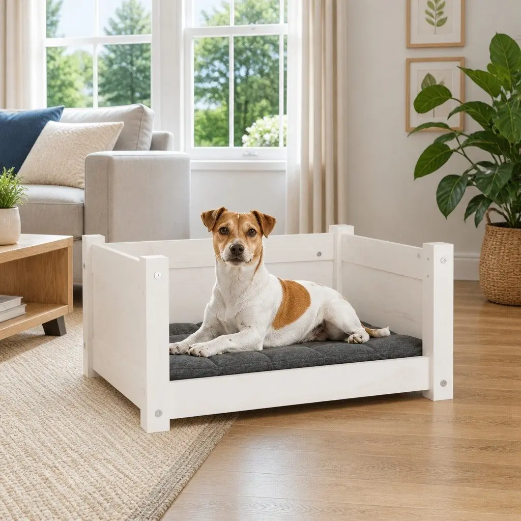 Wooden Dog Bed with Solid Pine Construction in White