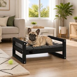 Dog Bed Solid Pine Wood Frame Black Rectangular Minimalist Design Pet Sleeping