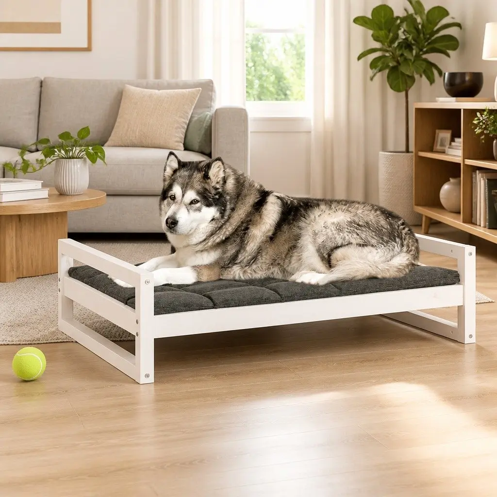 Rectangular Dog Bed in White with Solid Pine Frame