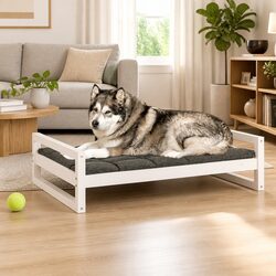 Dog Bed White Rectangular Solid Pine Wood Frame Sturdy Comfortable Pet Sleeping