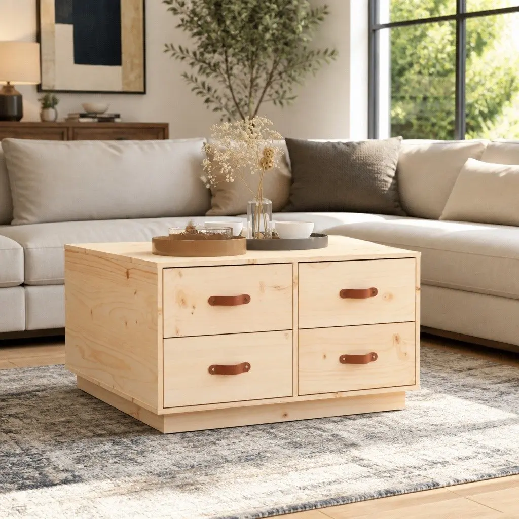 Coffee Table with 4 Drawers, Solid Pine, Brown