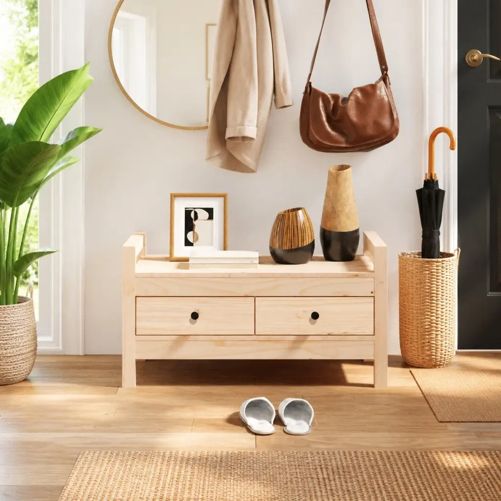 Solid Wood Pine Hall Bench with 2 Storage Drawers