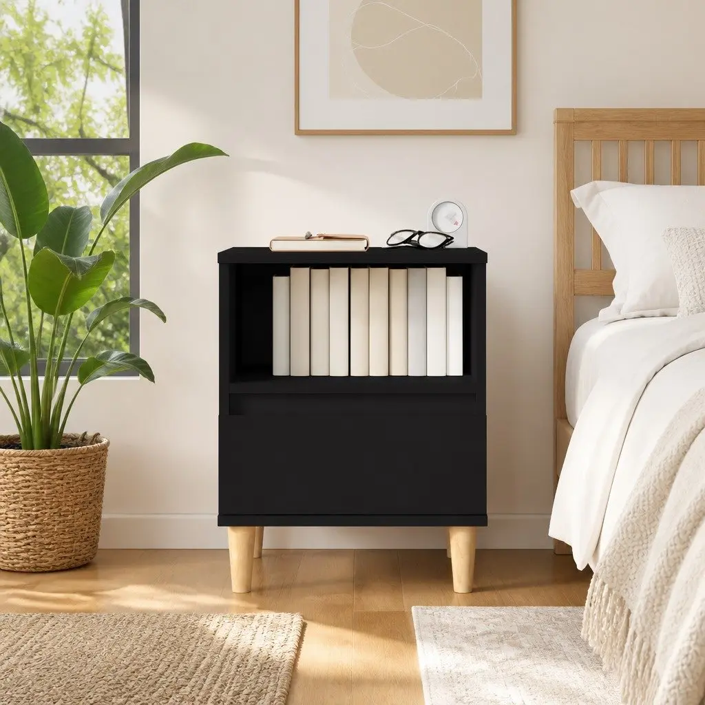 Bedside Cabinet Black Storage Table Bedroom Nightstand Drawer Compartment