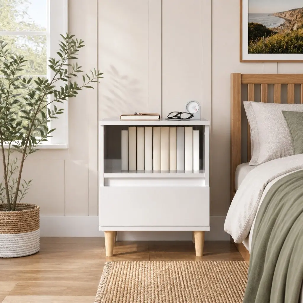 High Gloss White Nightstand with Storage Drawer