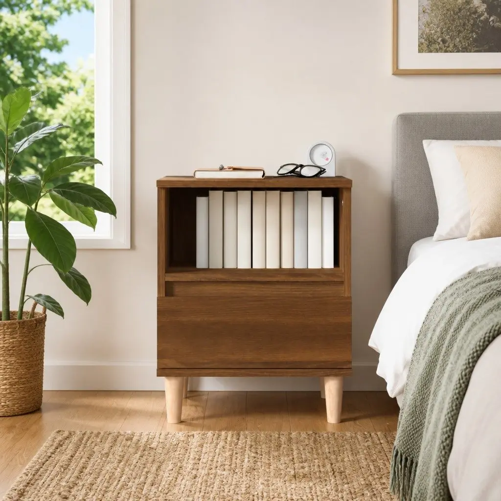 Brown Oak Bedside Cabinet with Storage Drawer