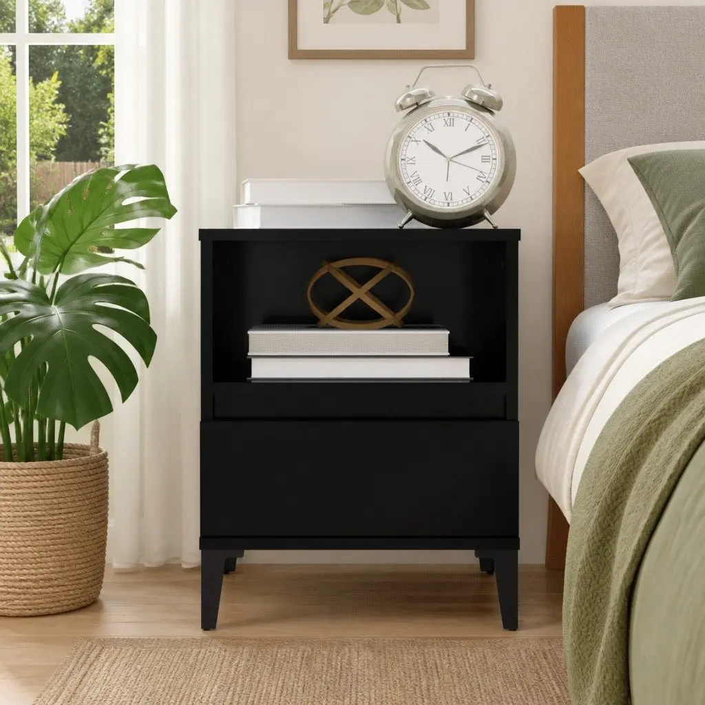 Black Nightstand with Drawer and Metal Feet