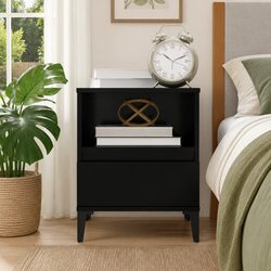 Black Nightstand with Drawer and Metal Feet