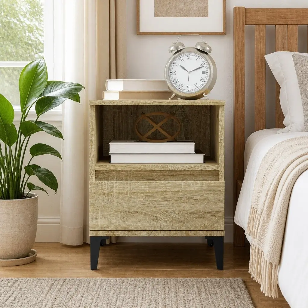 Brown Bedside Cabinet with Storage Drawer and Metal Feet