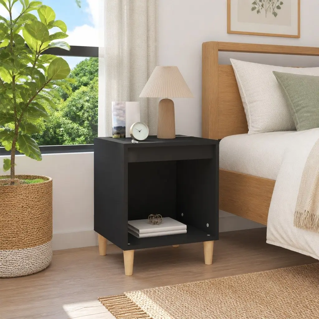 Black Engineered Wood Nightstand with Storage