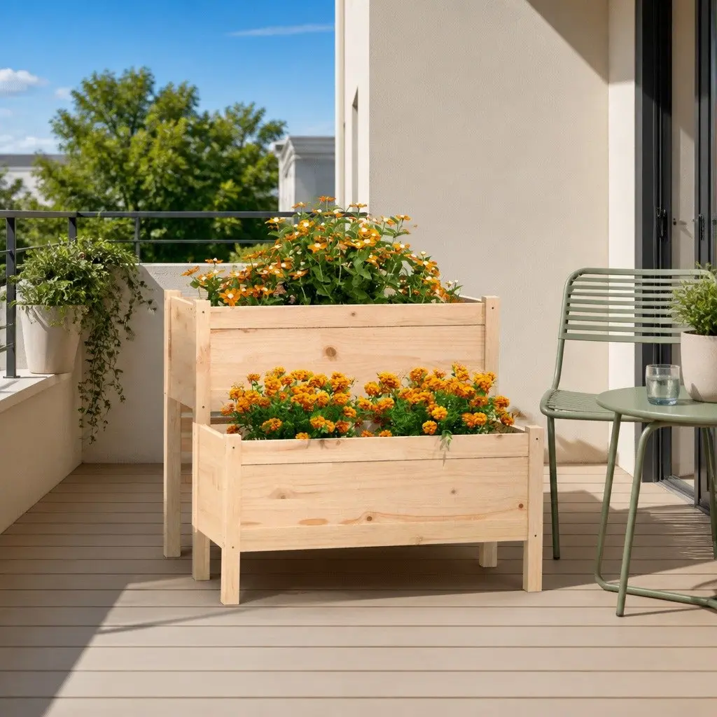 Wooden Planter Solid Pine Wood 2-Tier Raised Flower Bed Box Brown