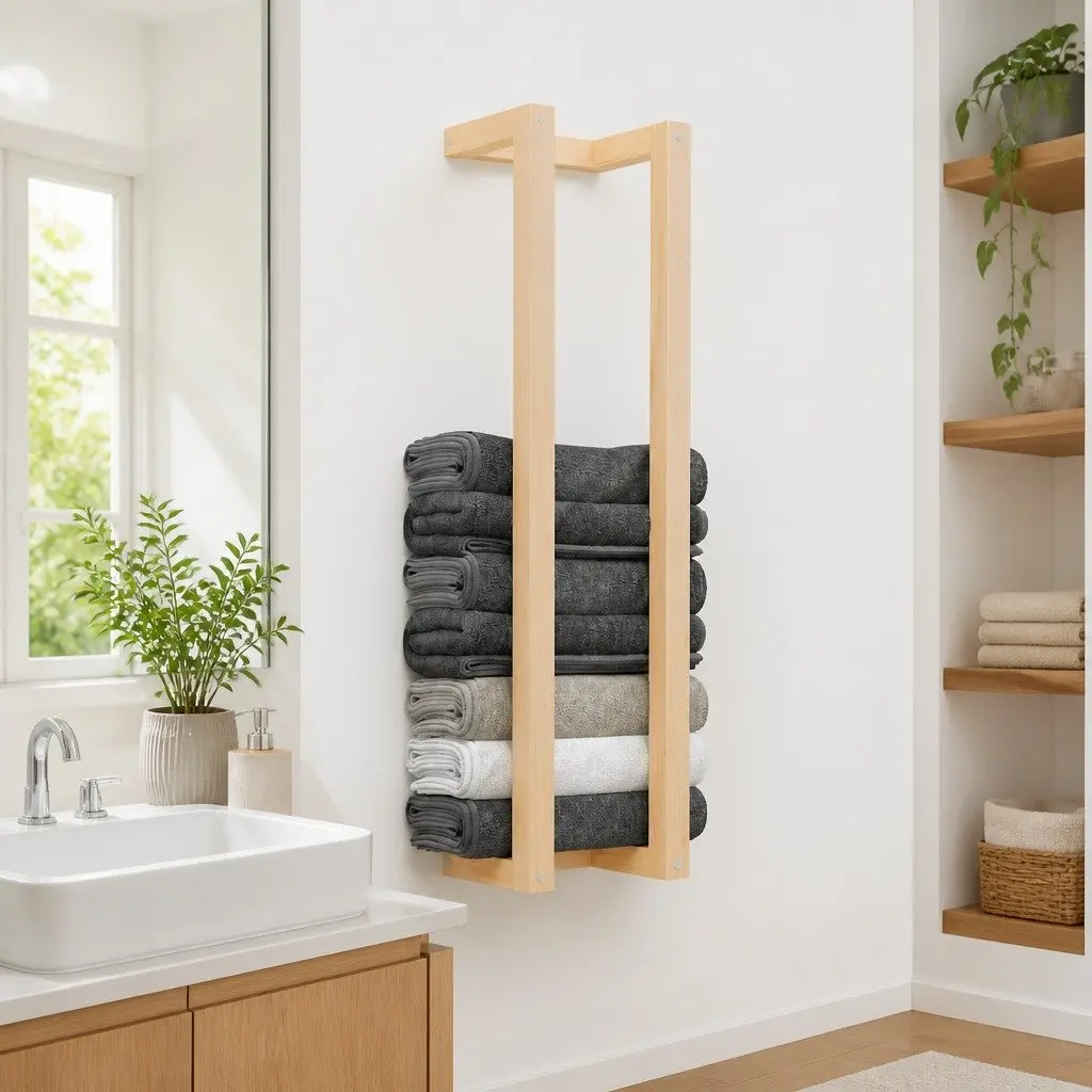 Solid Pine Wall-Mounted Towel Rack with Shelf, Brown 23x18x90cm