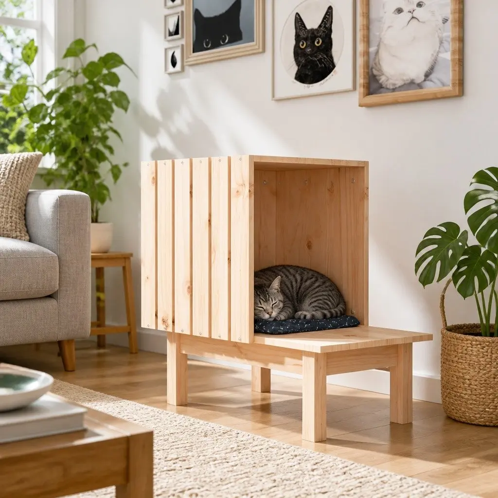 Solid Pine Wood Cat House 60x36x60 cm for Comfort