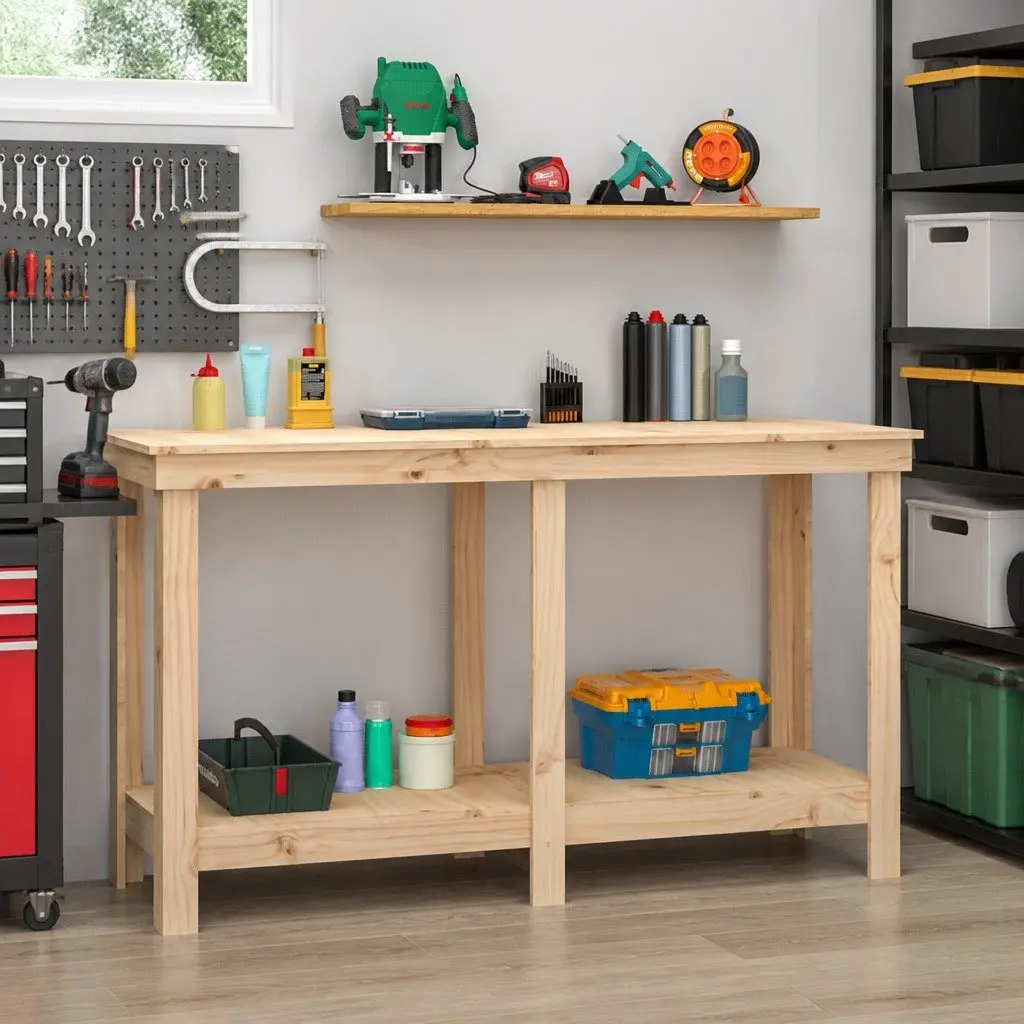Solid Wood Pine Work Bench for Garage 140x50x80 cm