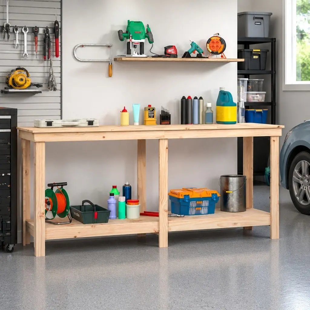 Solid Pine Wood Work Bench with Storage Shelves