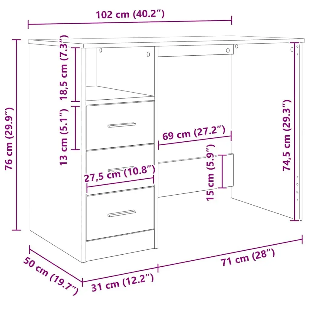 Brown Engineered Wood Office Desk with 3 Drawers