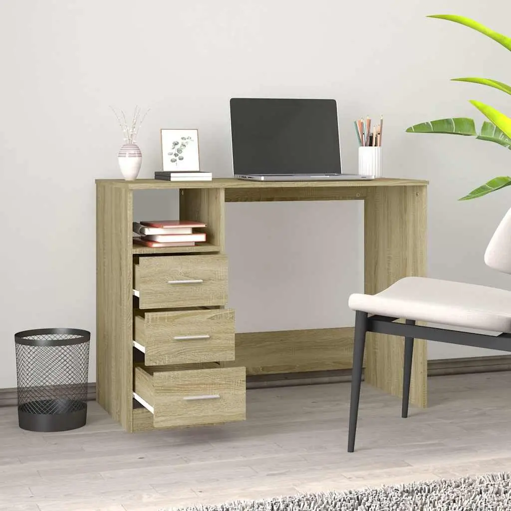 Brown Engineered Wood Office Desk with 3 Drawers