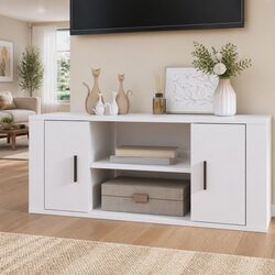 TV Cabinet White High Gloss Engineered Wood Media Unit Storage Compartments