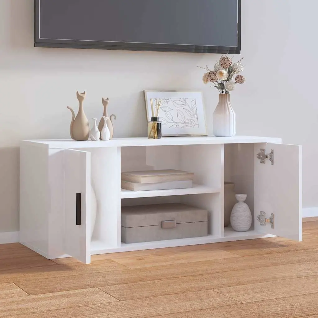 High Gloss White TV Cabinet with Storage Compartments