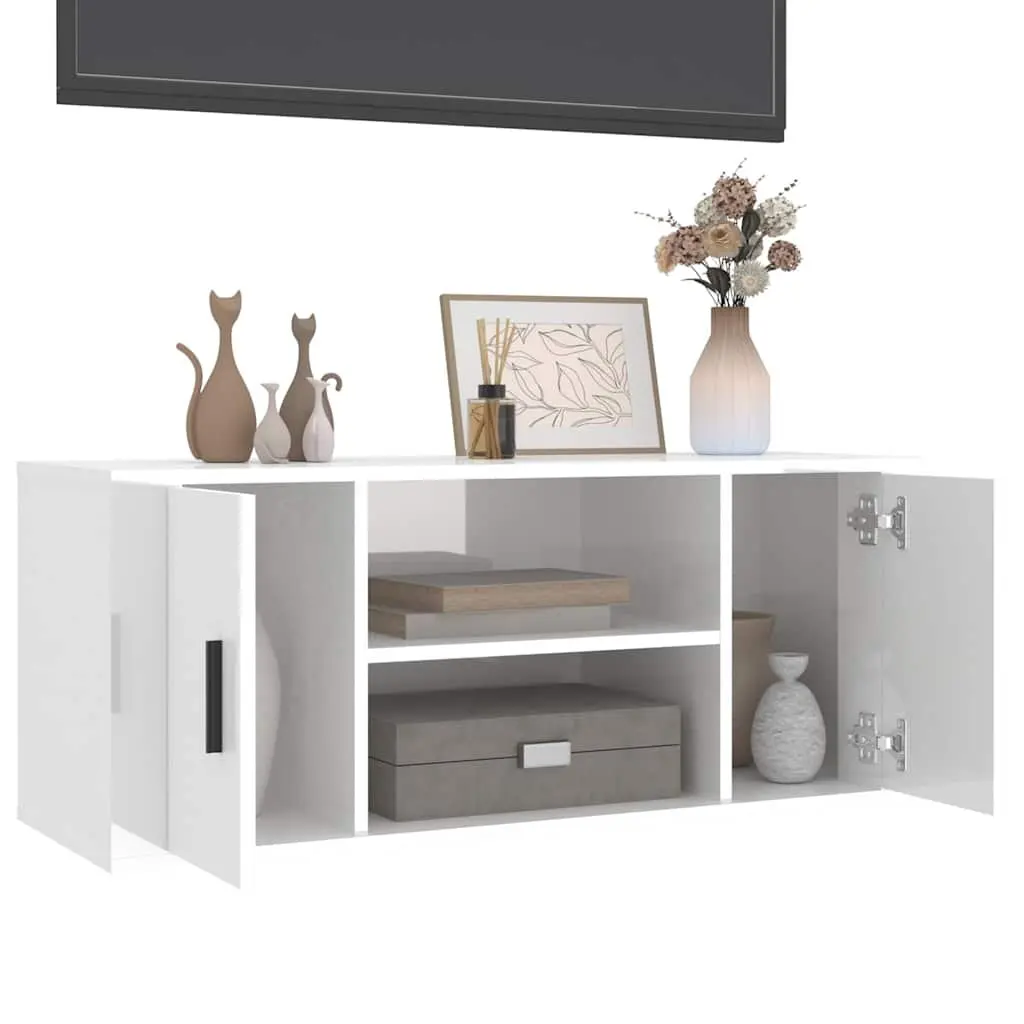 High Gloss White TV Cabinet with Storage Compartments