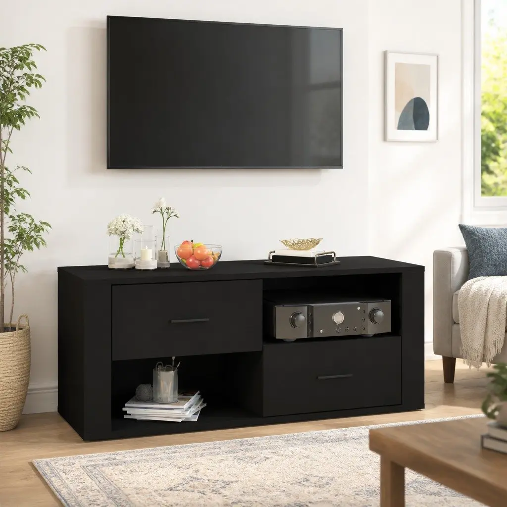 Black Engineered Wood TV Cabinet with Drawers