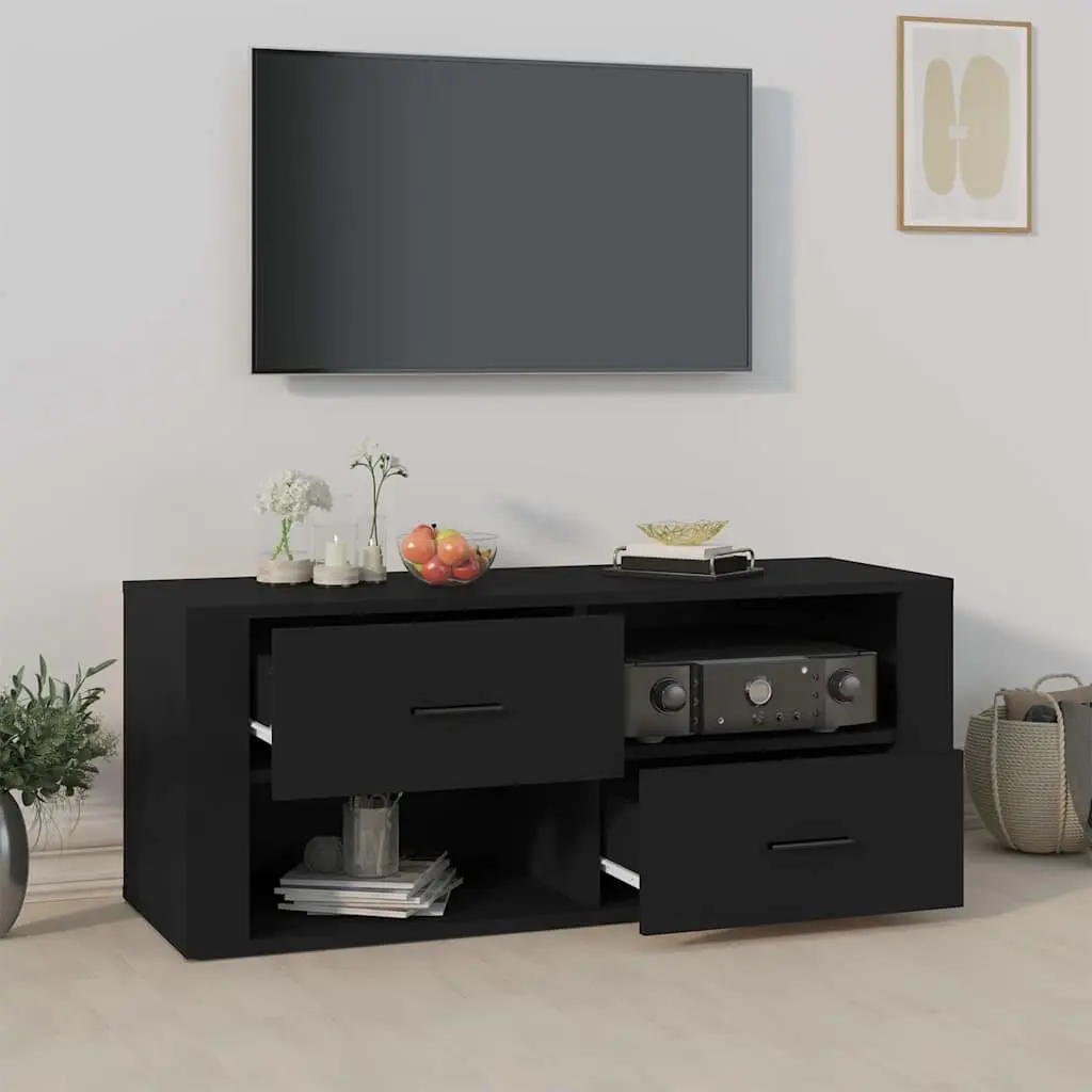 Black Engineered Wood TV Cabinet with Drawers