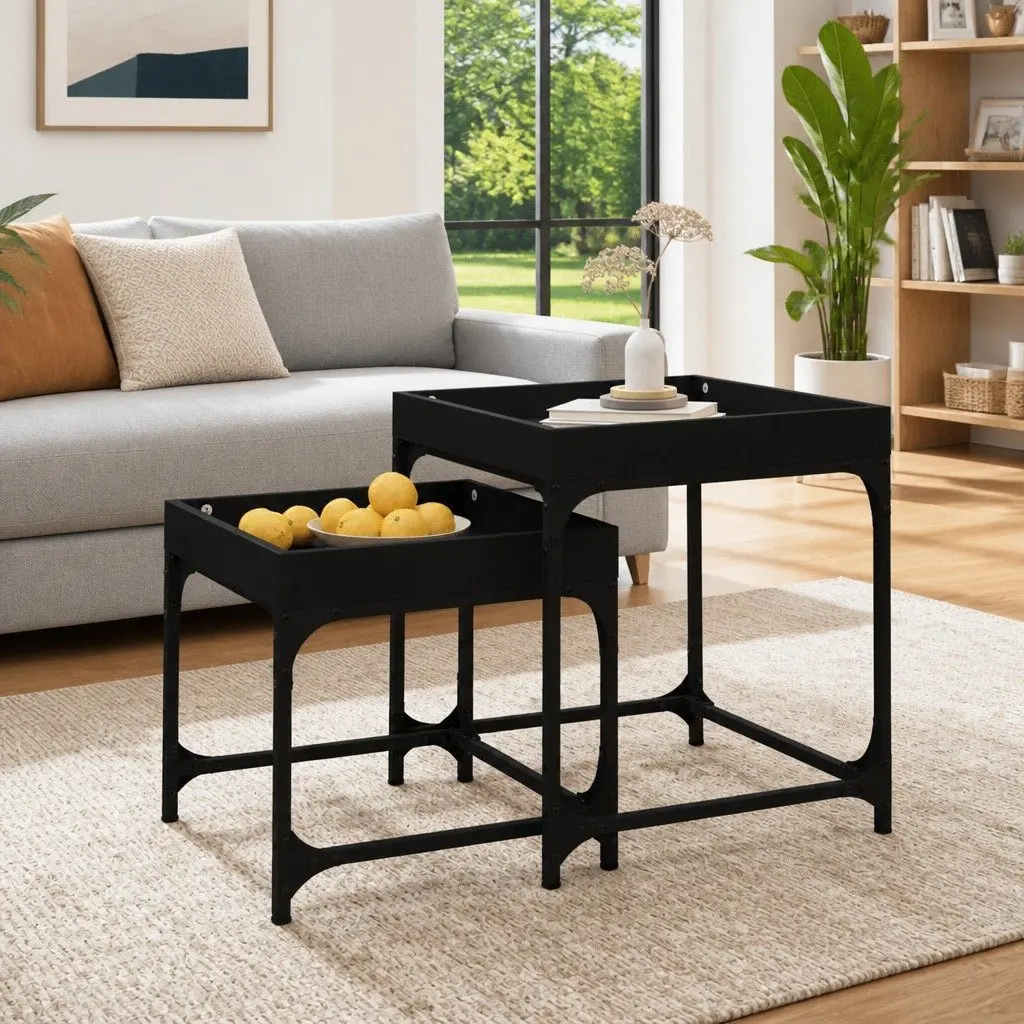 Black Engineered Wood and Steel Frame Side Tables