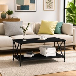 Stylish Black Coffee Table with Engineered Wood and Iron Frame