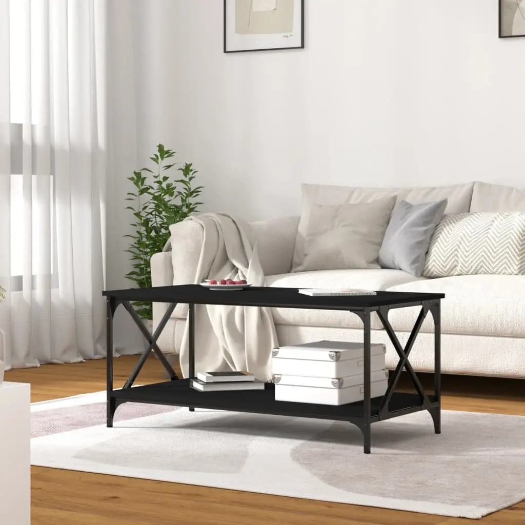 Black Coffee Table with Engineered Wood and Iron Frame