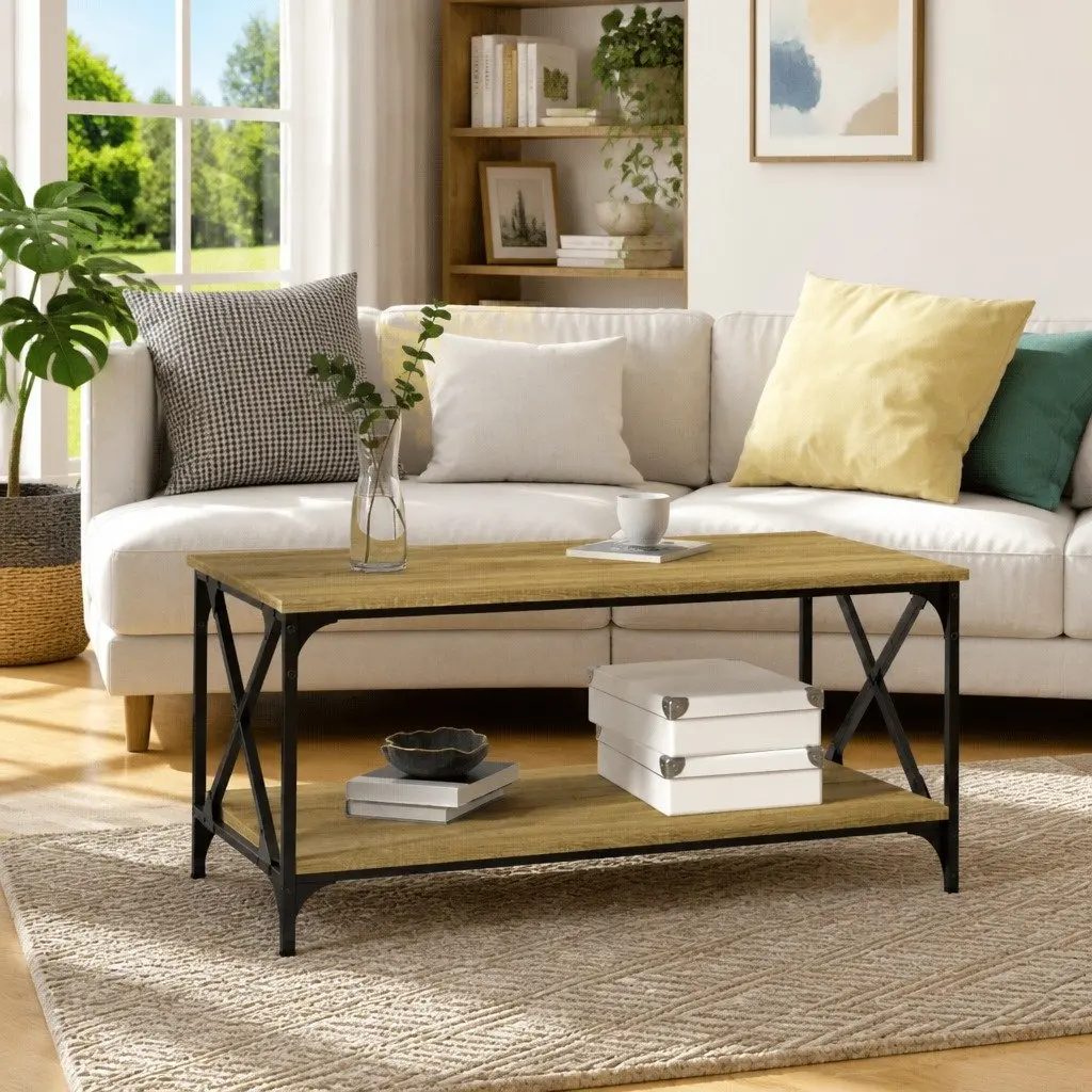 Coffee Table with Open Shelf Brown Engineered Wood Iron Frame Living Room Accent