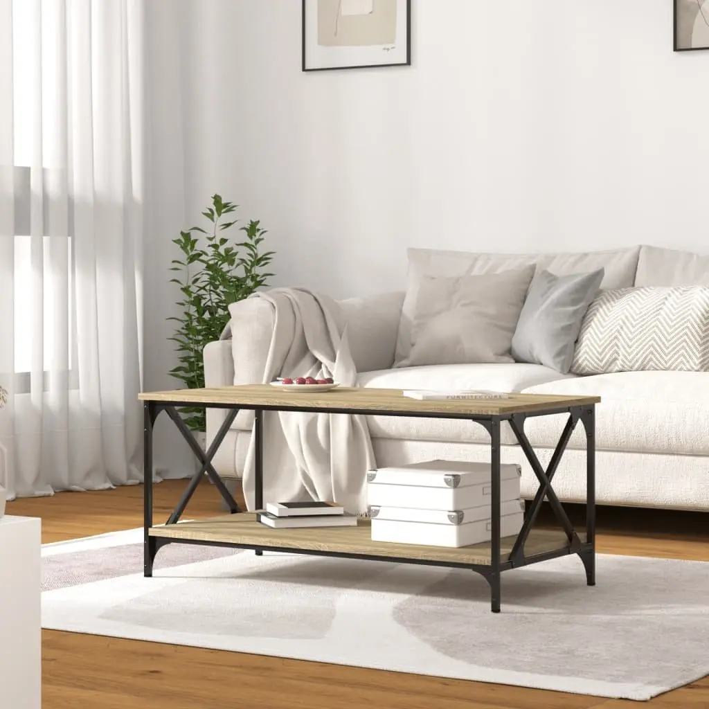 Coffee Table with Open Shelf Brown Engineered Wood Iron Frame Living Room Accent