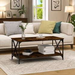 Durable Coffee Table with Open Storage Shelf in Brown