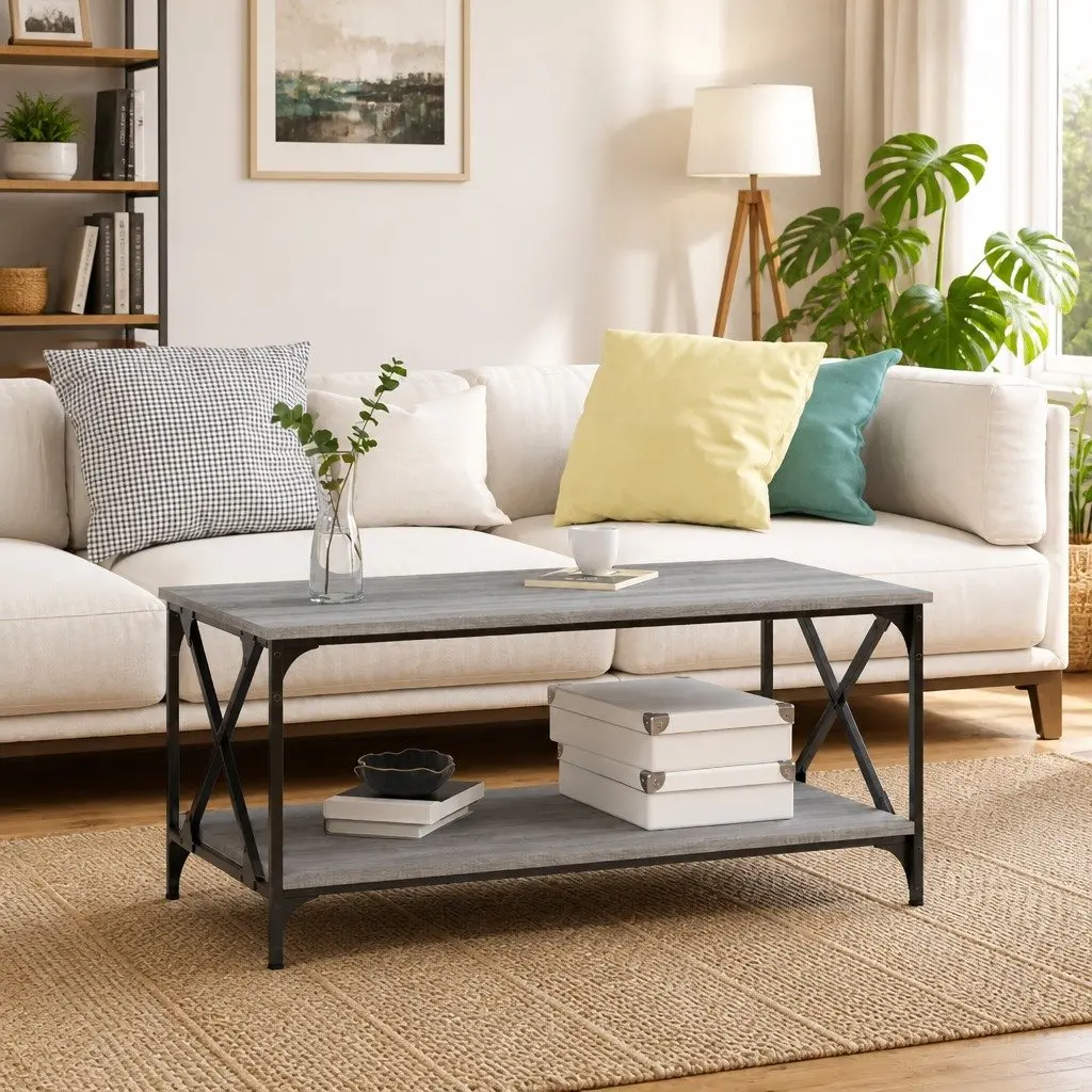 Grey Coffee Table with Open Shelf Storage